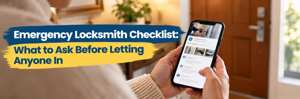 Person checking emergency locksmith reviews and star ratings on smartphone inside home with timber entry door visible in background Chatswood