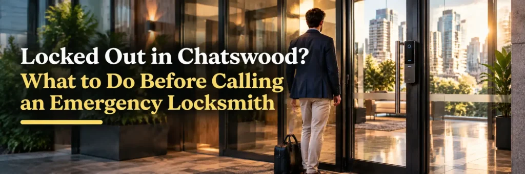 Professional commuter with briefcase approaching locked Chatswood apartment building glass lobby door with electronic access reader at golden hour
