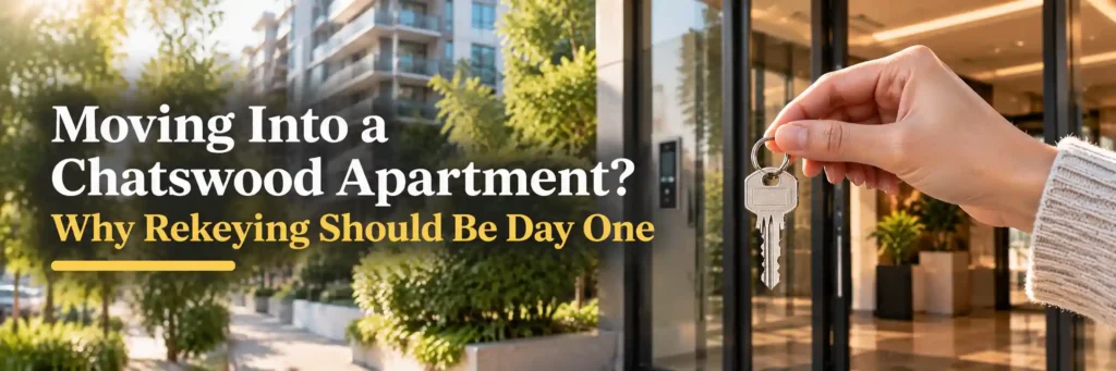 Hand holding fresh apartment key in front of modern Chatswood high-rise building glass lobby entry with electronic access panel